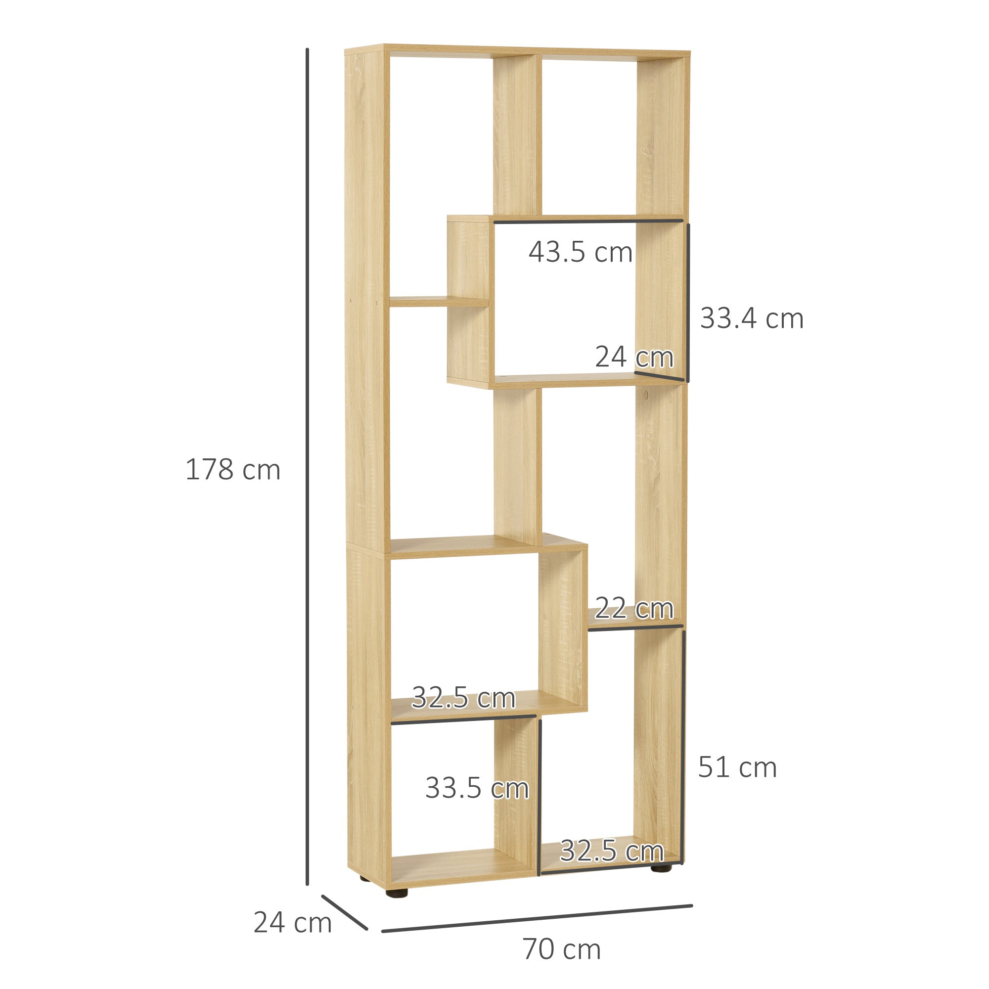 HOMCOM 8-Tier Freestanding Bookcase w/ Melamine Surface Anti-Tipping Foot Pads Home Display Storage Grid Stand Bedroom Living Room Furniture Modern Style - Natural 