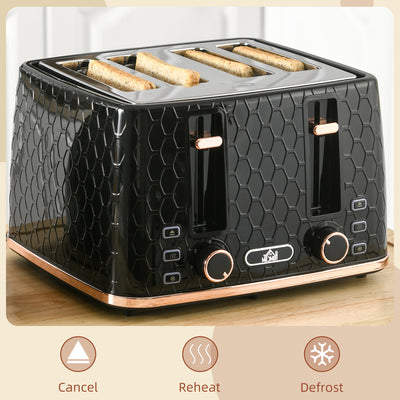 HOMCOM 4 Slice Toaster with 7 Browning Levels, High Lift, Reheat/Defrost/Cancel, Self-centring Function, Removable Crumb Tray, Auto Off, 1600W, Black Honeycomb Texture 
