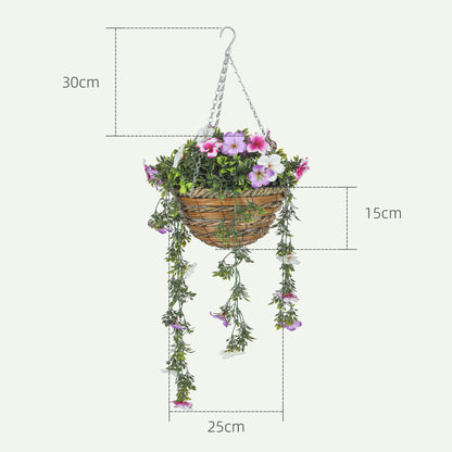 HOMCOM Set of 2 Decorative Artificial Plants, Faux Silk Azalea Flowers in Hanging Baskets, Fake Plants for Home Indoor Outdoor Decor, Pink and White 