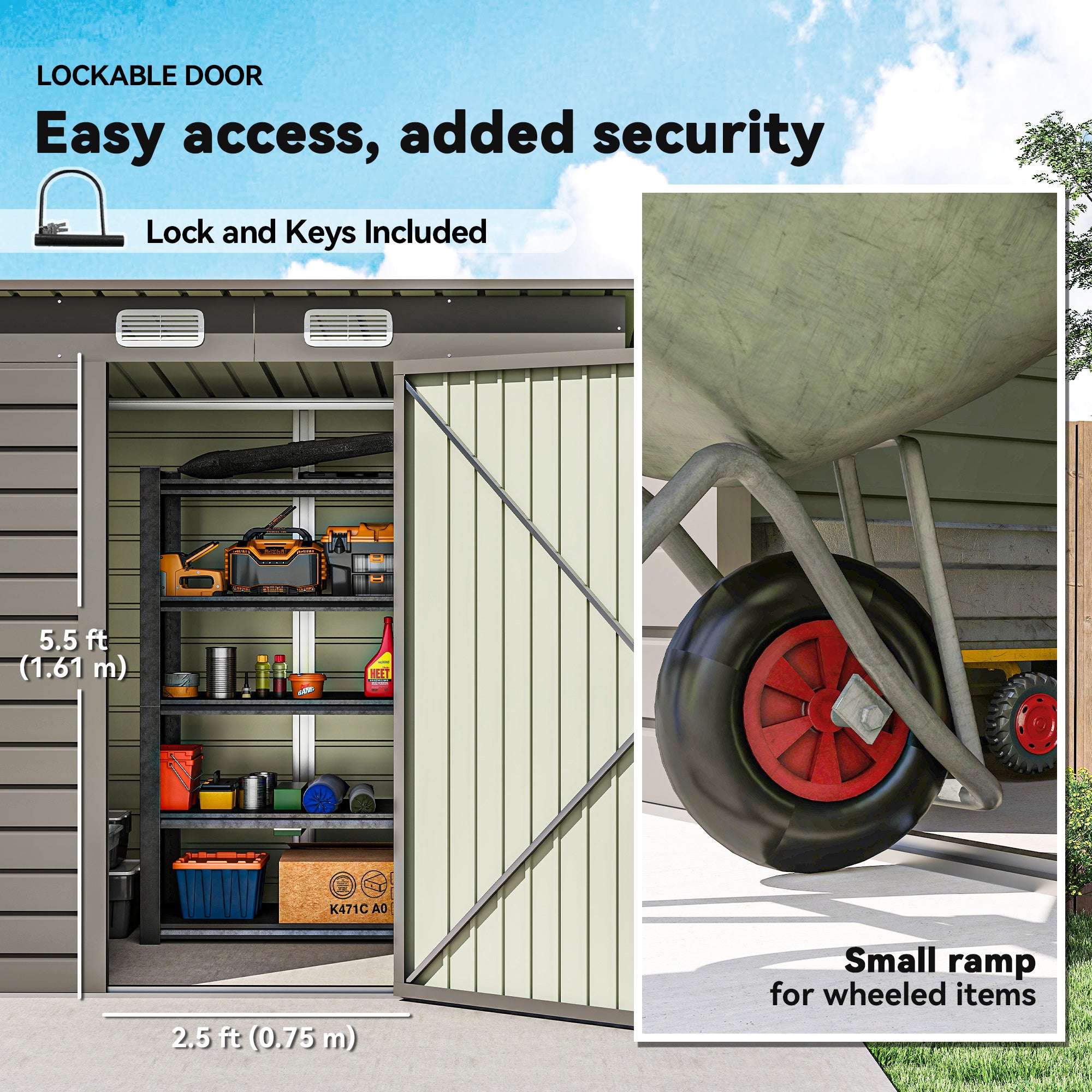 Outsunny 4 x 6ft Galvanised Metal Garden Shed, with Locking Door - Grey 