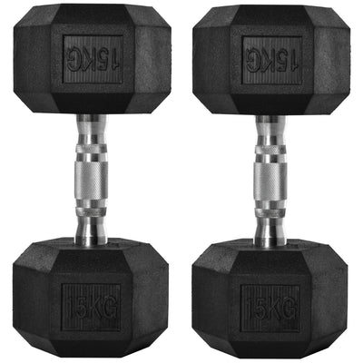 HOMCOM 2x15kg Rubber Hex Dumbbell Portable Hand Weights Dumbbell Home Gym Workout Fitness Hand Dumbbell 