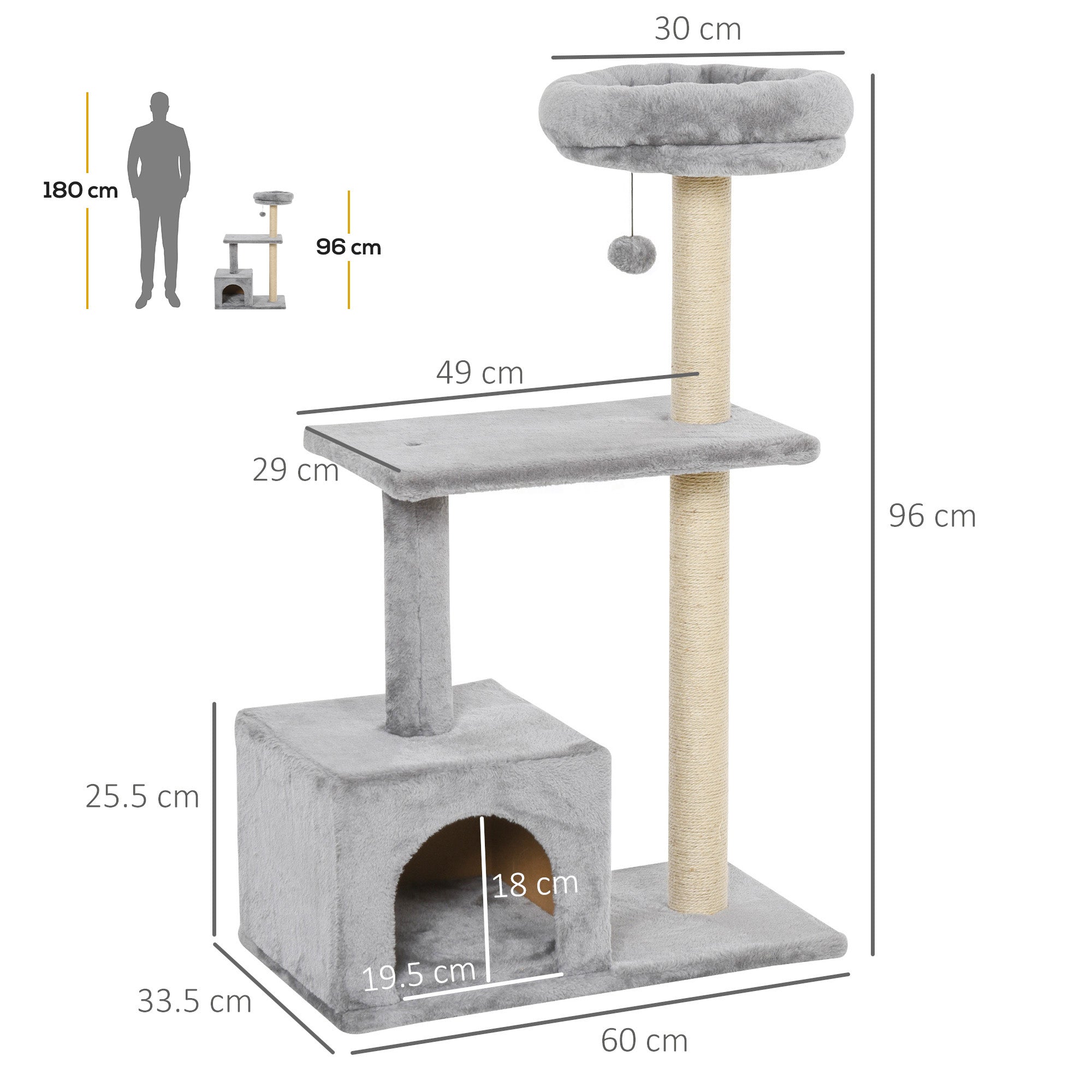 PawHut 96cm Cat Tree for Indoor Cats Condo Sisal Scratching Post Cat Tower Kitten Play House Dangling Ball Activity Center Furniture Grey 