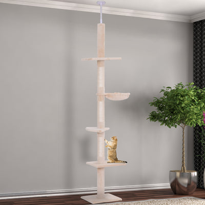 PawHut Floor to Ceiling Cat Tree for Indoor Cats 5-Tier Kitty Tower Climbing Activity Center Scratching Post Adjustable Height 230-260 cm Beige 