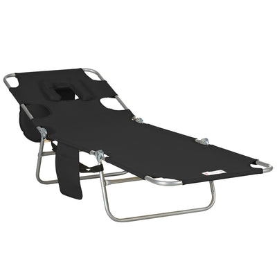 Outsunny Foldable Sun Lounger, Beach Chaise Lounge with Reading Hole, Arm Slots, 5-Position Adjustable Backrest, Side Pocket, Pillow for Patio, Garden, Beach, Pool, Black 