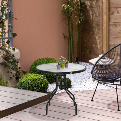 Outsunny Bistro Table Outdoor Round Dining Coffee Table with Parasol Hole, Tempered Glass Top Side Table Patio Garden - 80cm Diameter 