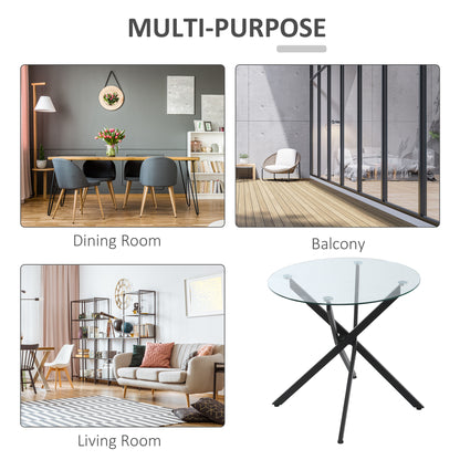 HOMCOM Dining Table with Clear Tempered Glass Top, Round Table with Metal Legs, Modern Kitchen Table for Dining Room Living Room, Black 
