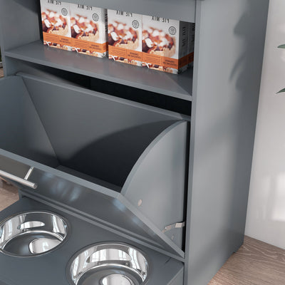 PawHut Pet Feeder Station, Dog, Cat Storage Container, with Raised Bowls, Hanger, Cabinet - Grey 