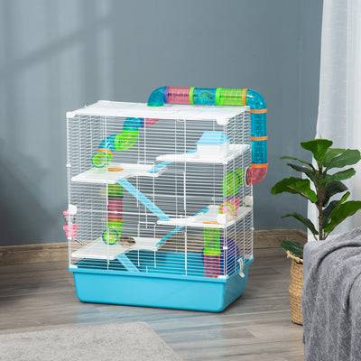 PawHut Hamster Cage w/ Water Bottle, Exercise Wheel, Tubes, Ramps - Light Blue 