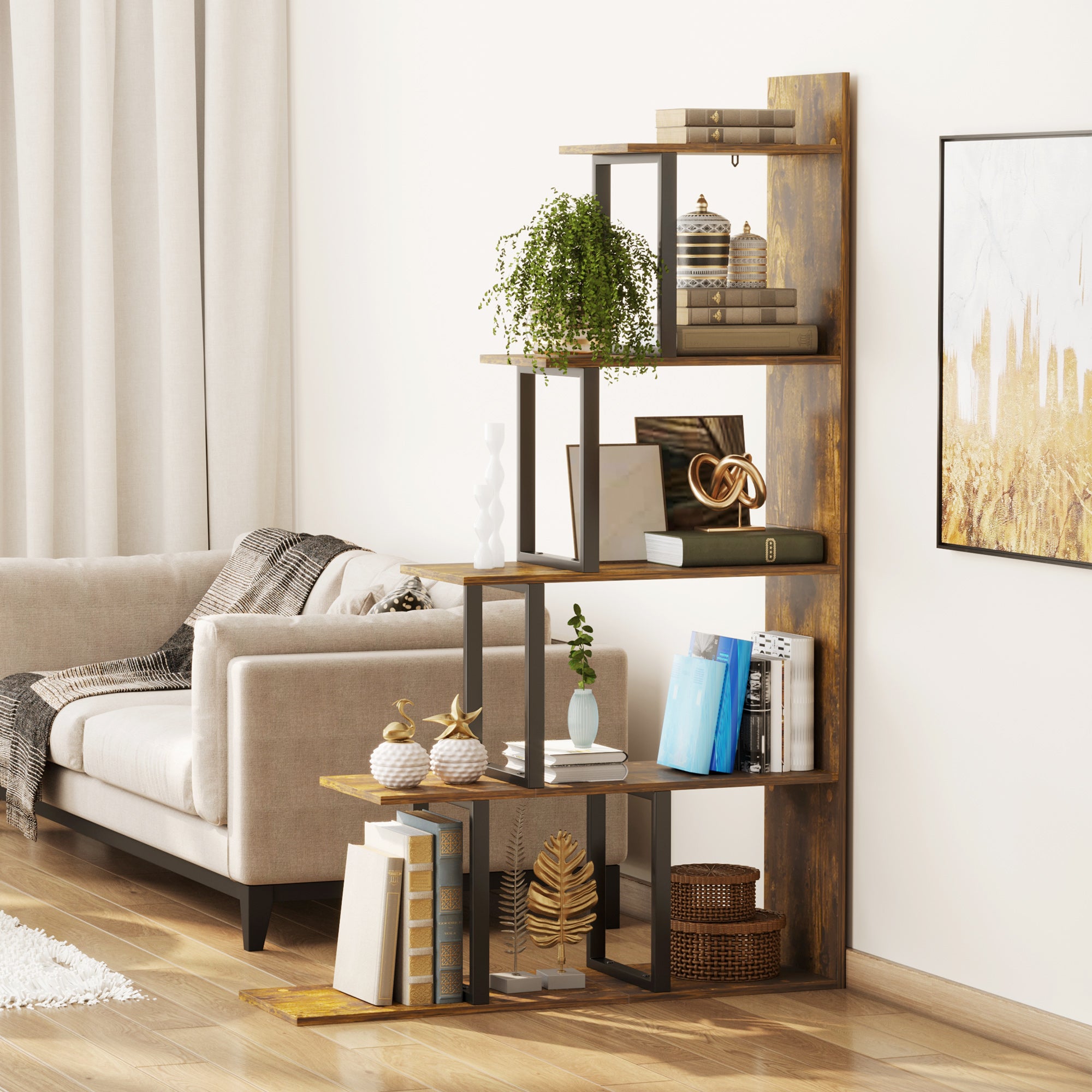 HOMCOM 5-Tier Bookcase, Wooden Ladder Bookshelf Display Stand, Rustic Brown 