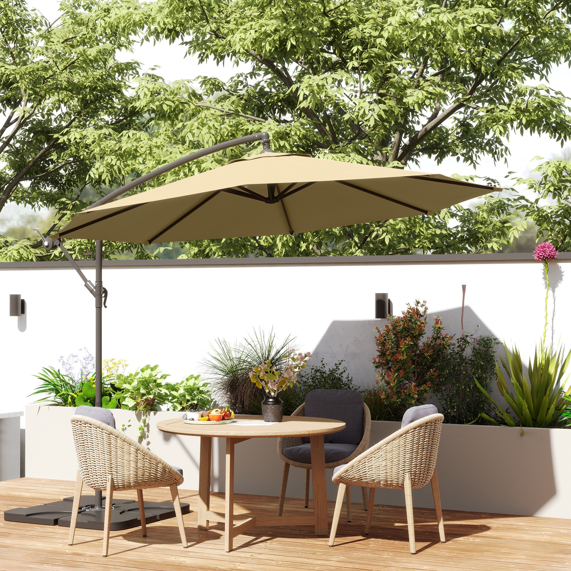 Outsunny 3m Overhanging Parasol, with Base, Weights and Cover - Sand brown 