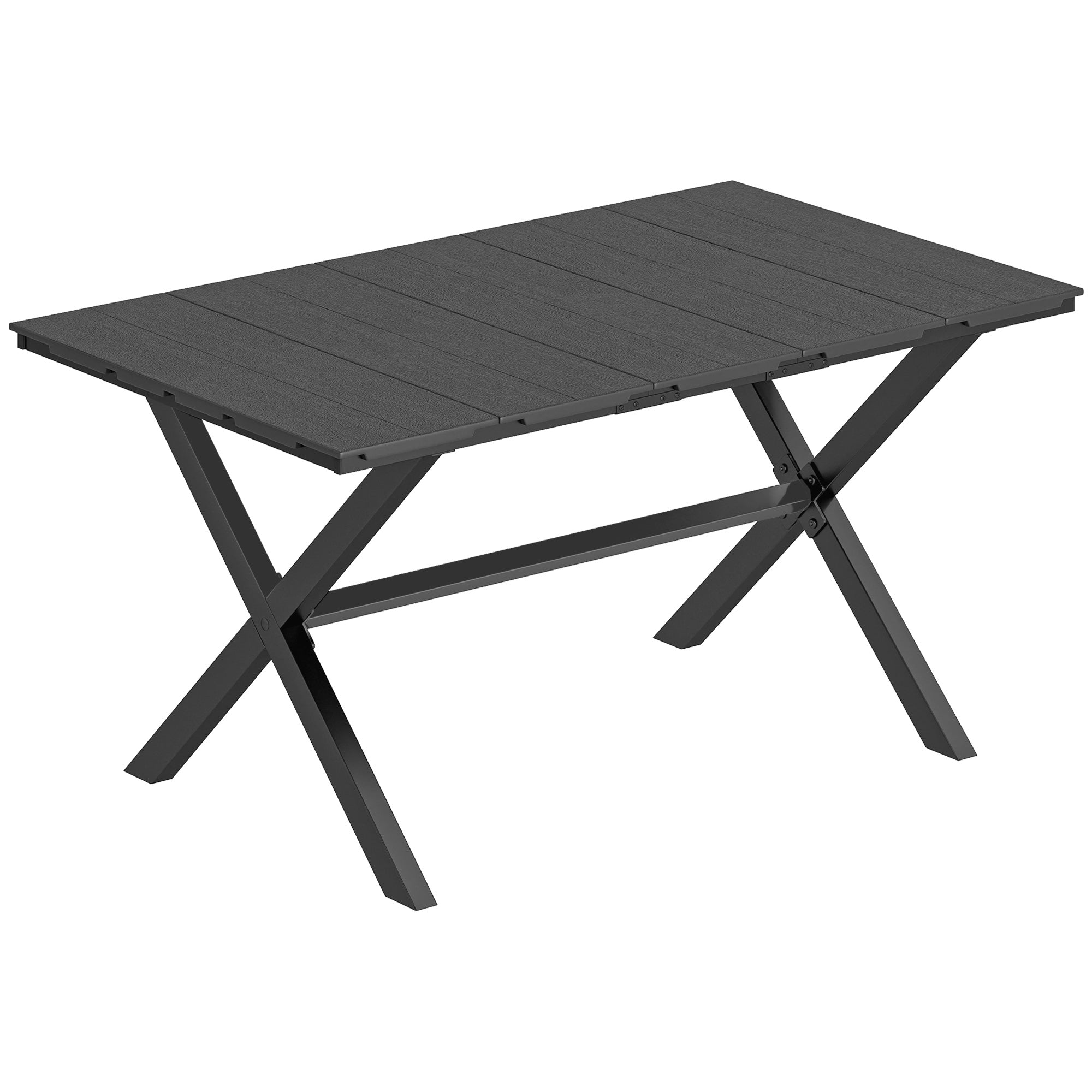 Outsunny Garden Dining Table for 6, Rectangular Outdoor Table with Wood Effect HDPE Top, X-Shaped Metal Legs, Black 
