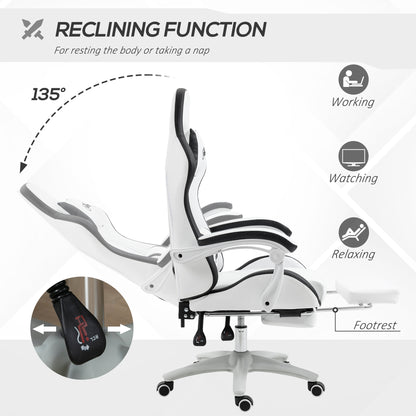 Vinsetto Computer Gaming Chair, PU Leather Desk Chair with Footrest, Swivel Task Chair with 135\'c2\'b0 Reclining Back and Lumbar Support, PC Chair for Adults, White and Black