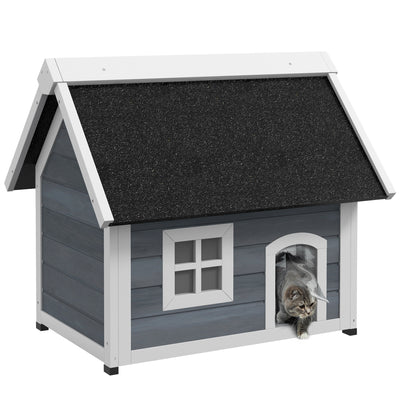 PawHut Outdoor Cat House, Wooden Feral Cat Shelter, with Openable Asphalt Roof, Three Doors - Grey 