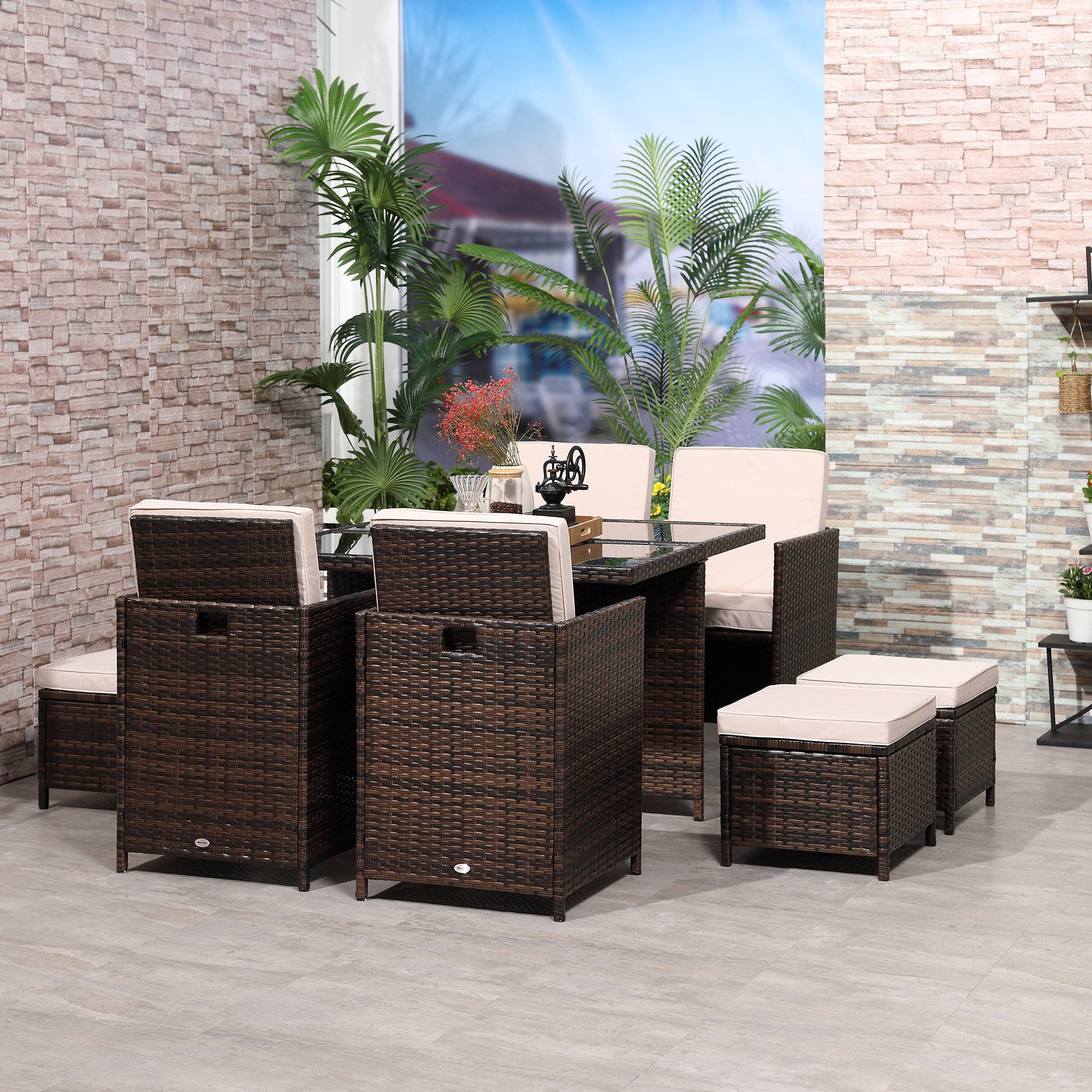 Outsunny 8 Seater Rattan Cube Garden Furniture Set, Rattan Dining Set with Cushions, Outdoor Dining Table and Chairs with 4 Armchairs, 4 Stools, Square Glass Top Table for Patio, Balcony, Brown 
