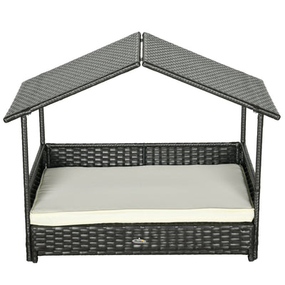 PawHut Extendable Elevated Dog Bed, Rattan Dog House, with Water-Resistant Roof, Removable Cushion, Cream 