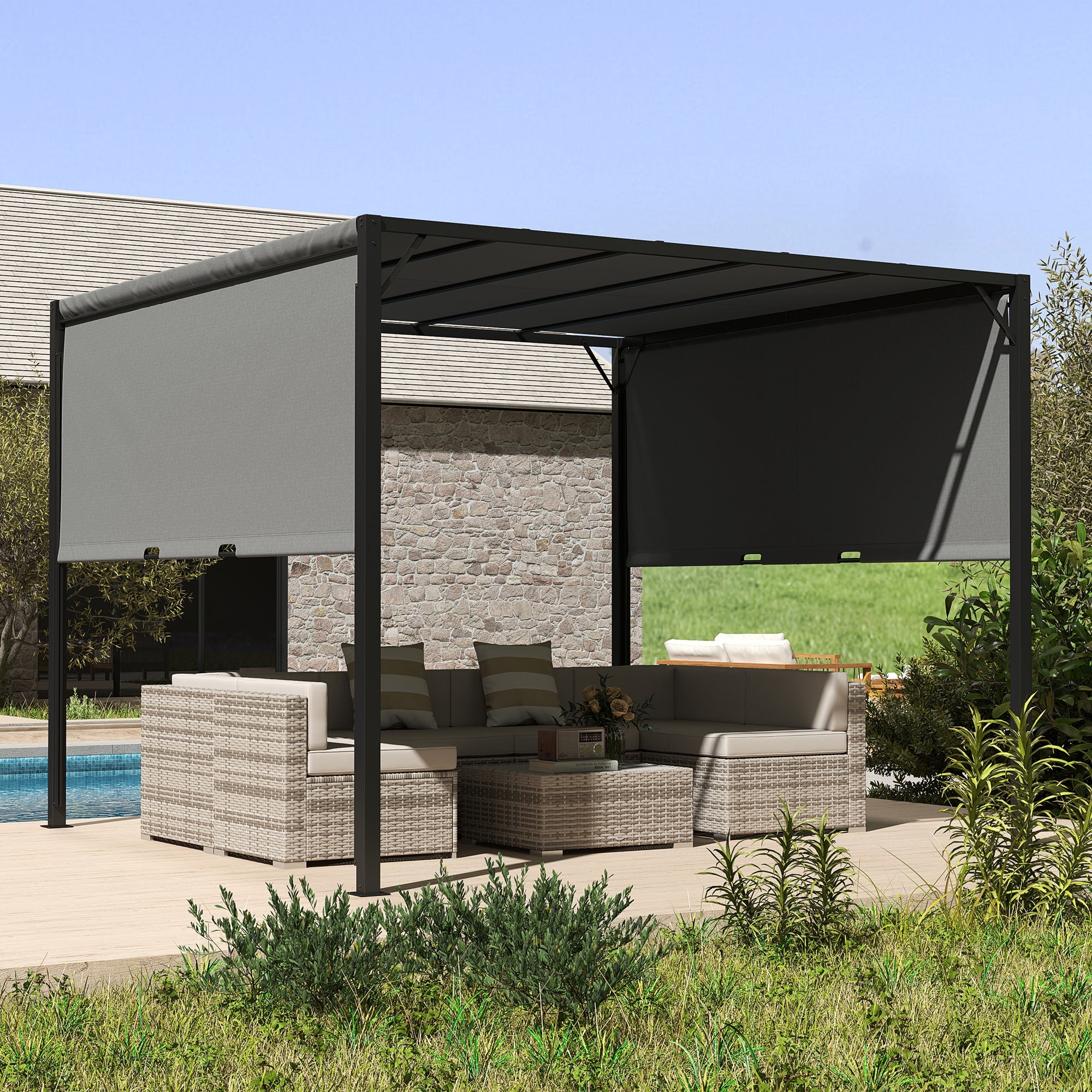 Outsunny 3 X 3 Meters Pergola with Retractable Roof, Garden Gazebo with Adjustable Sun Shade Canopy and Steel Frame, Charcoal Grey 