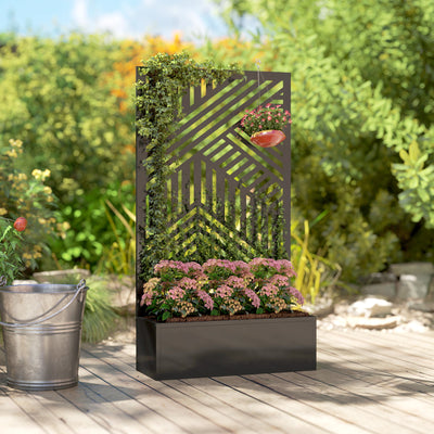 Outsunny Metal Garden Bed for Garden with Trellis, Raised Garden Bed with Privacy Screen, Geometric Slatted Cut-Out 