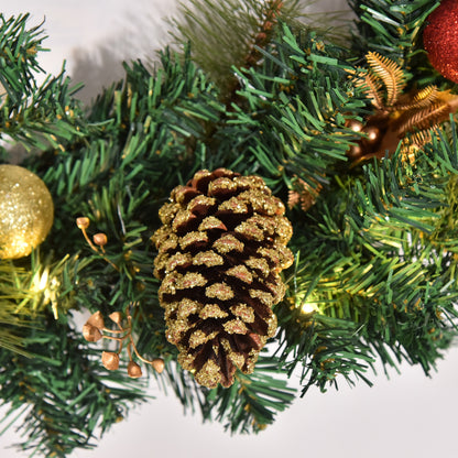 HOMCOM 60cm Pre-Lit Artificial Christmas Door Wreath Holly LED Decor Pine Cones Hanging Glittered Festival Indoor Outdoor Decoration 