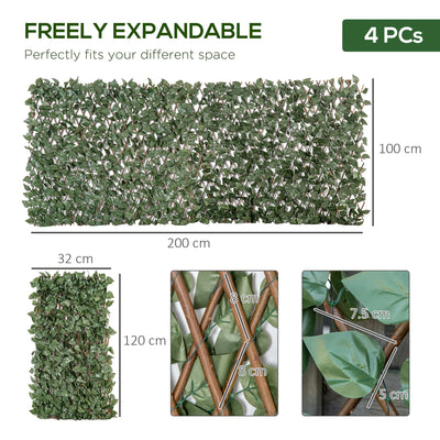 Outsunny 4 Pieces Expanding Trellis Fence, 2m x 1m Decorative Trellis with Artificial Leaves Garden Telescopic Hedge Privacy Screen Greenery Walls for Garden Balcony Home Decor 