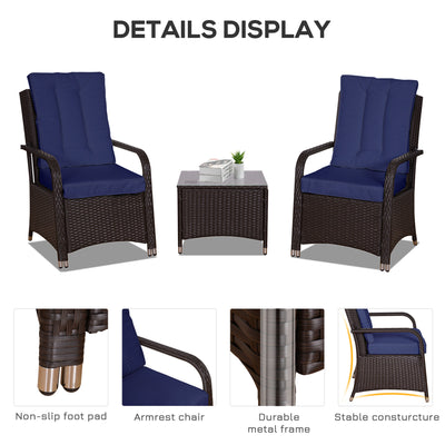Outsunny 3 Pieces Rattan Bistro Set with Furniture Cover, Wicker Garden Furniture Set, Glass Top Coffee Table and Chairs with Cushions for Outdoor, Patio, Balcony, Dark Blue 