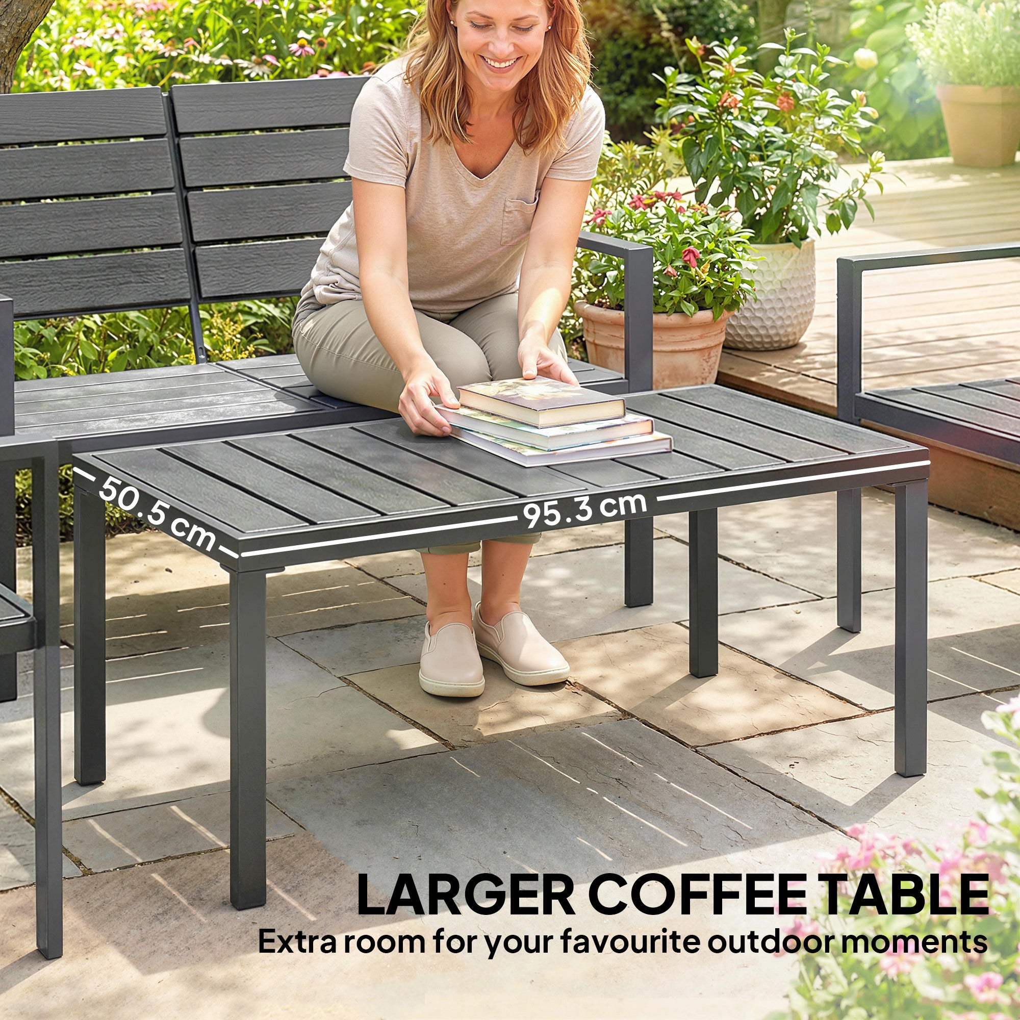 Outsunny 4 Piece Garden Furniture Set, Outdoor Sofa Set with HDPE Slatted Loveseat Armchairs Coffee Table Metal Frame, Dark Grey 