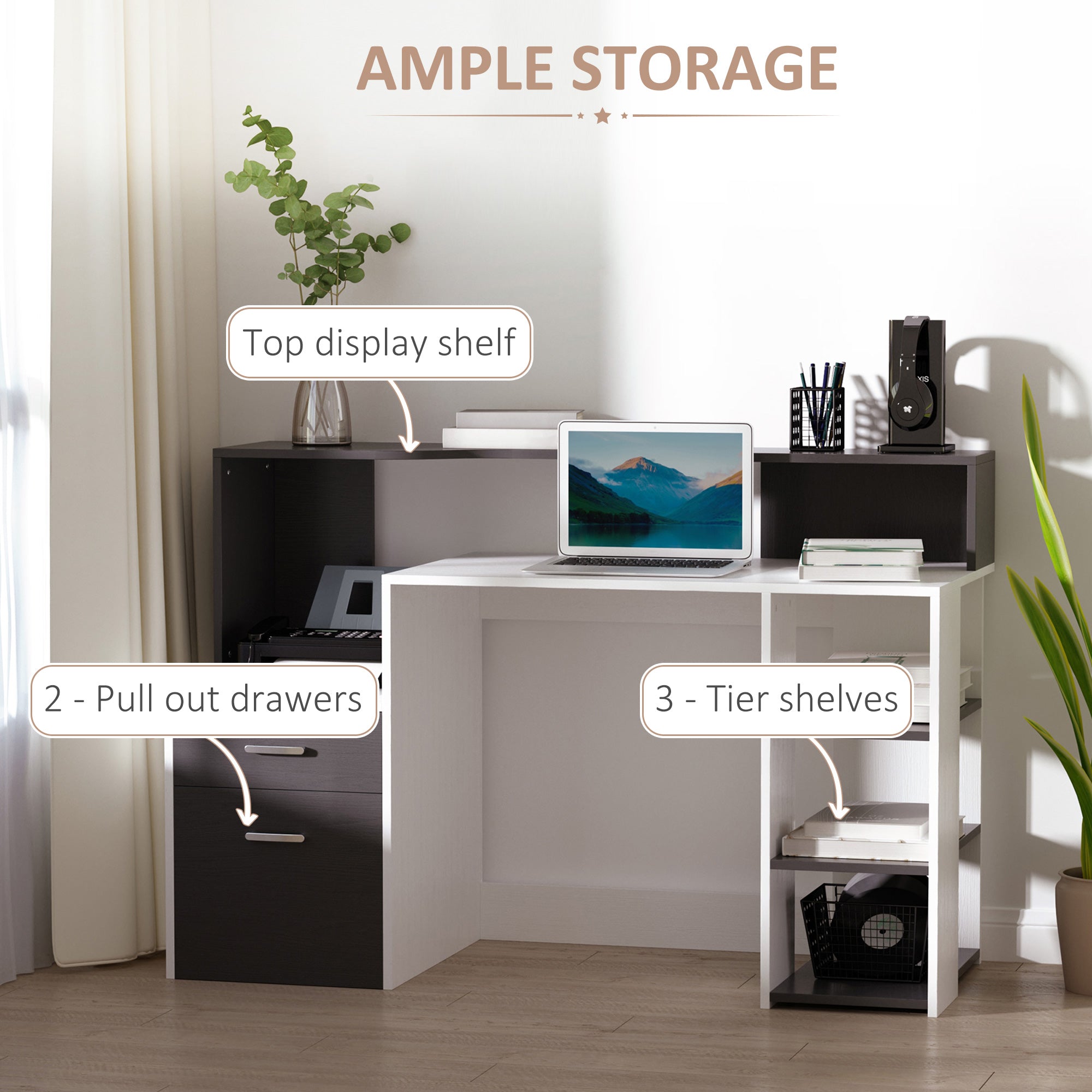 HOMCOM Computer Desk with Drawers and Storage Shelves, Reception Desk, Study Workstation for Home Office, 137 x 55 x 92cm, Black and White 