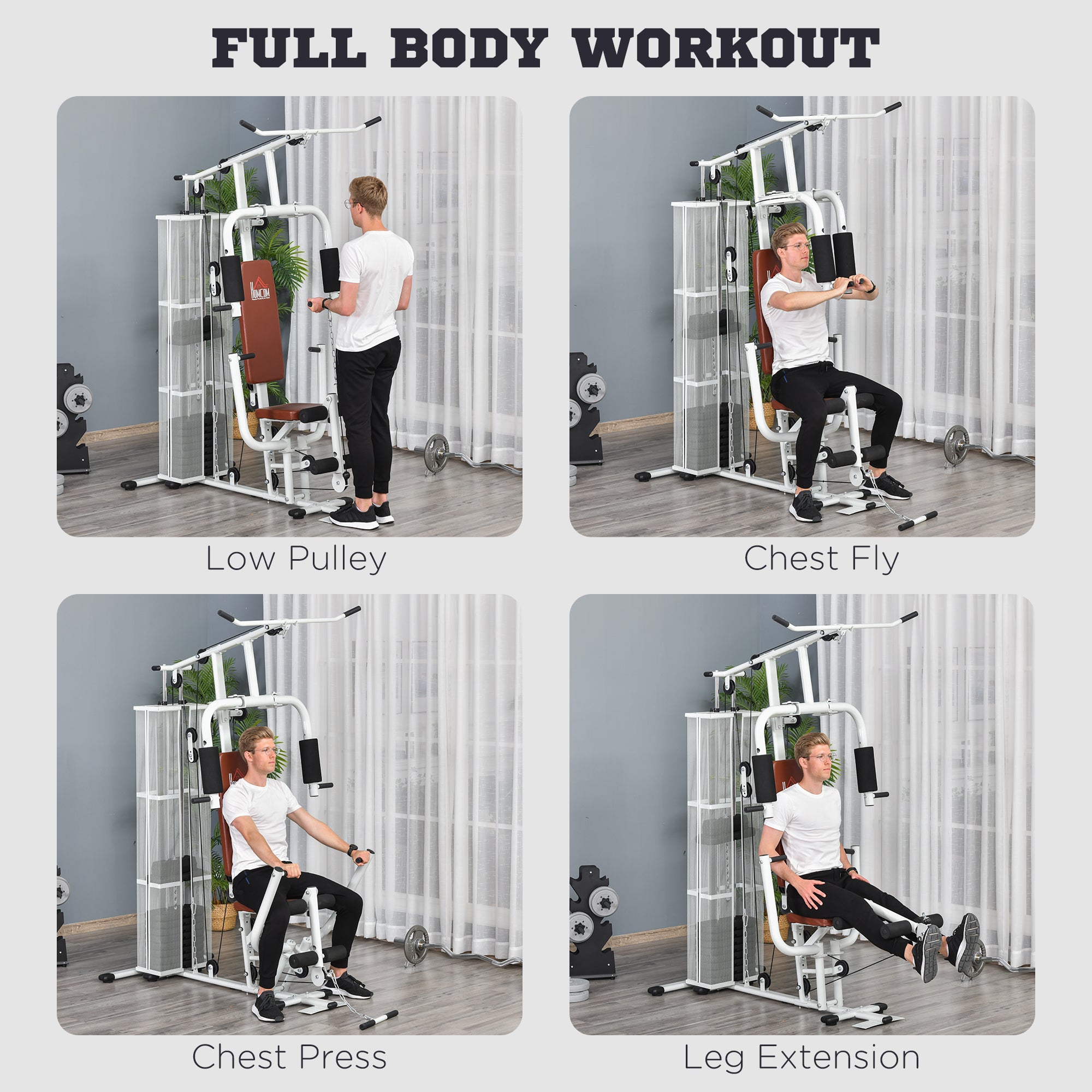HOMCOM Multifunction Home Gym Weight Training Workout Station Fitness Strength Machine, White 
