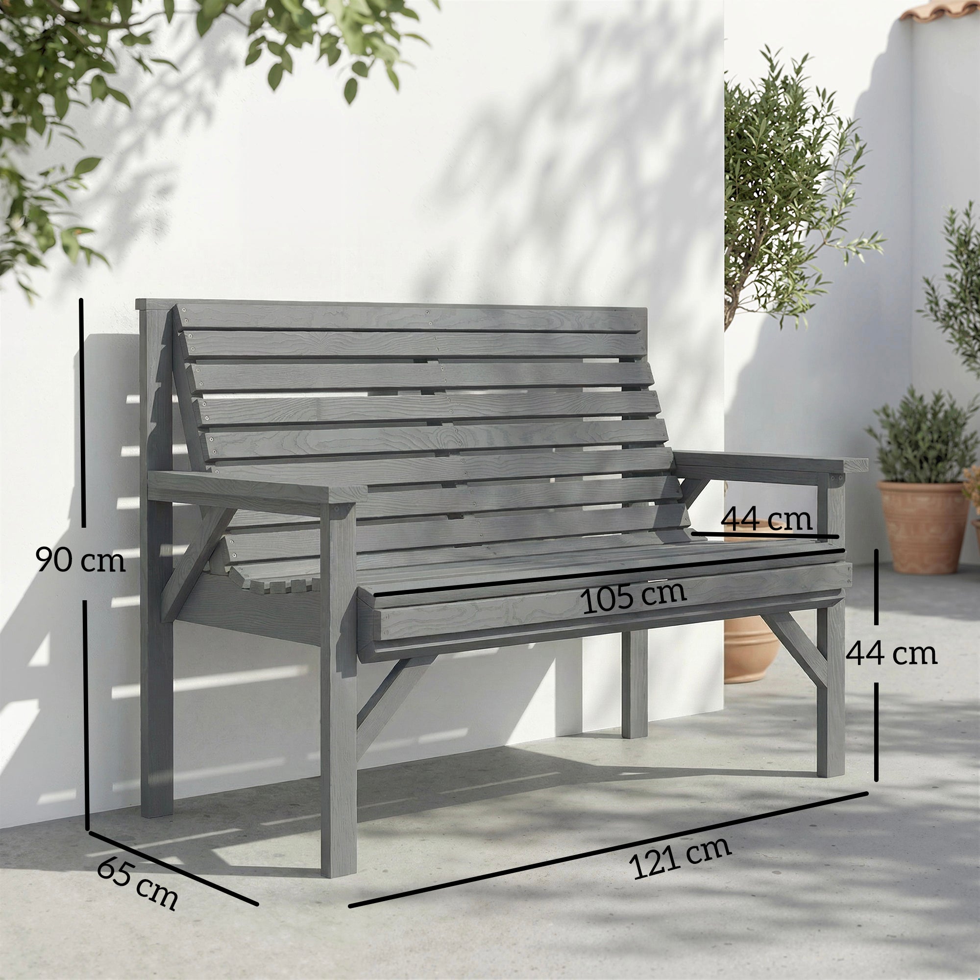 Outsunny 2 Seater Wooden Garden Bench, Slatted Patio Bench with Armrest and Backrest, Outdoor Furniture for Indoor, Balcony 