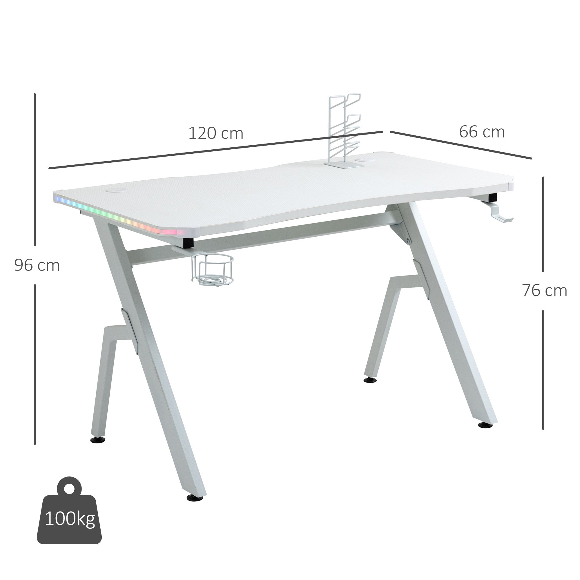 HOMCOM RGB 120 x 66cm Gaming Desk, Computer Table with Carbon Fibre Surface, Headphone Hook, Cup Holder, Controller Rack, Home Office Desk, White 