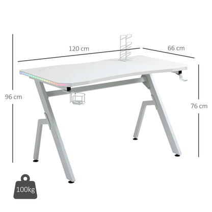 HOMCOM RGB 120 x 66cm Gaming Desk, Computer Table with Carbon Fibre Surface, Headphone Hook, Cup Holder, Controller Rack, Home Office Desk, White 