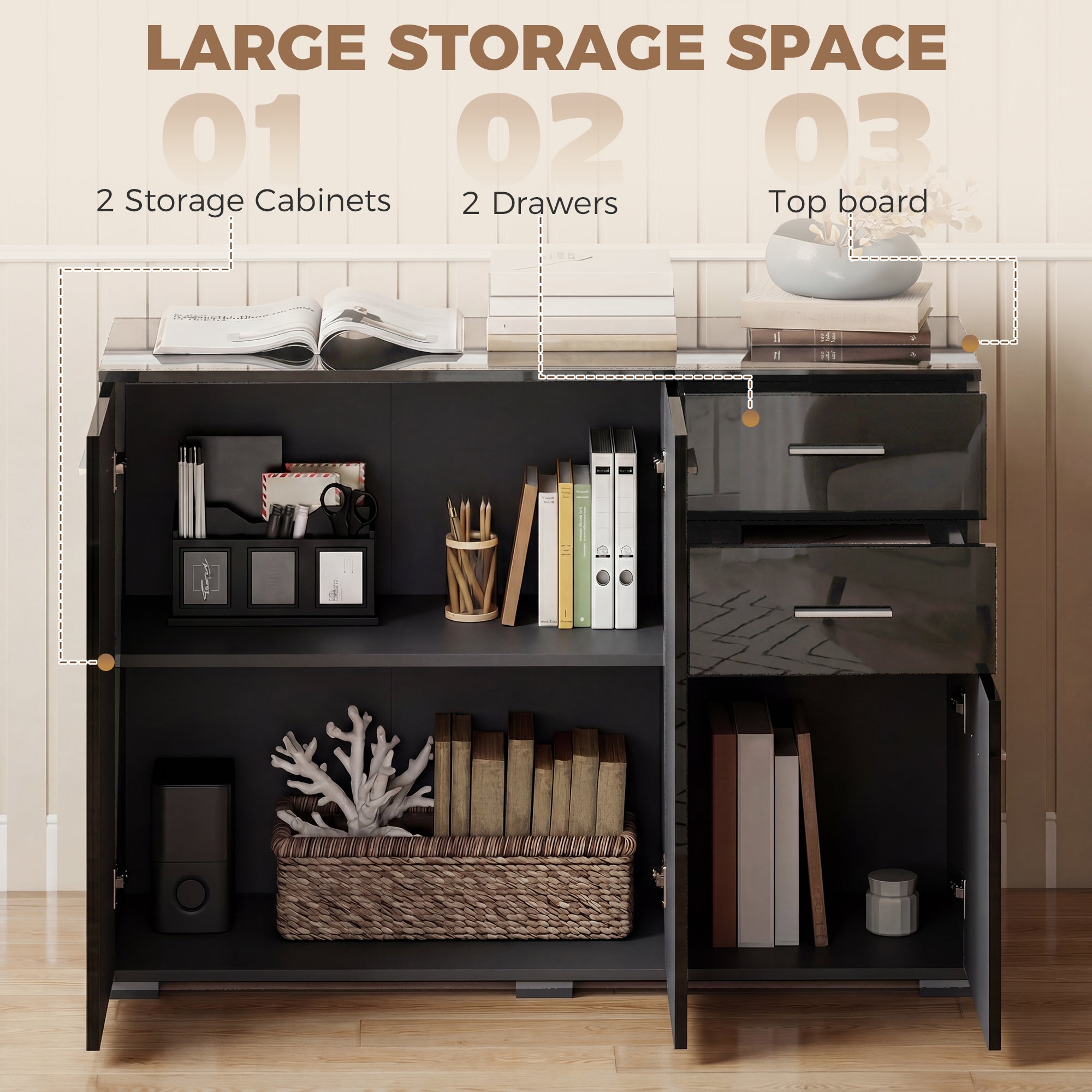 HOMCOM Sideboard, Modern Storage Cabinet with 2 Drawers, 3 Doors and Adjustable Shelves, High Gloss Black 