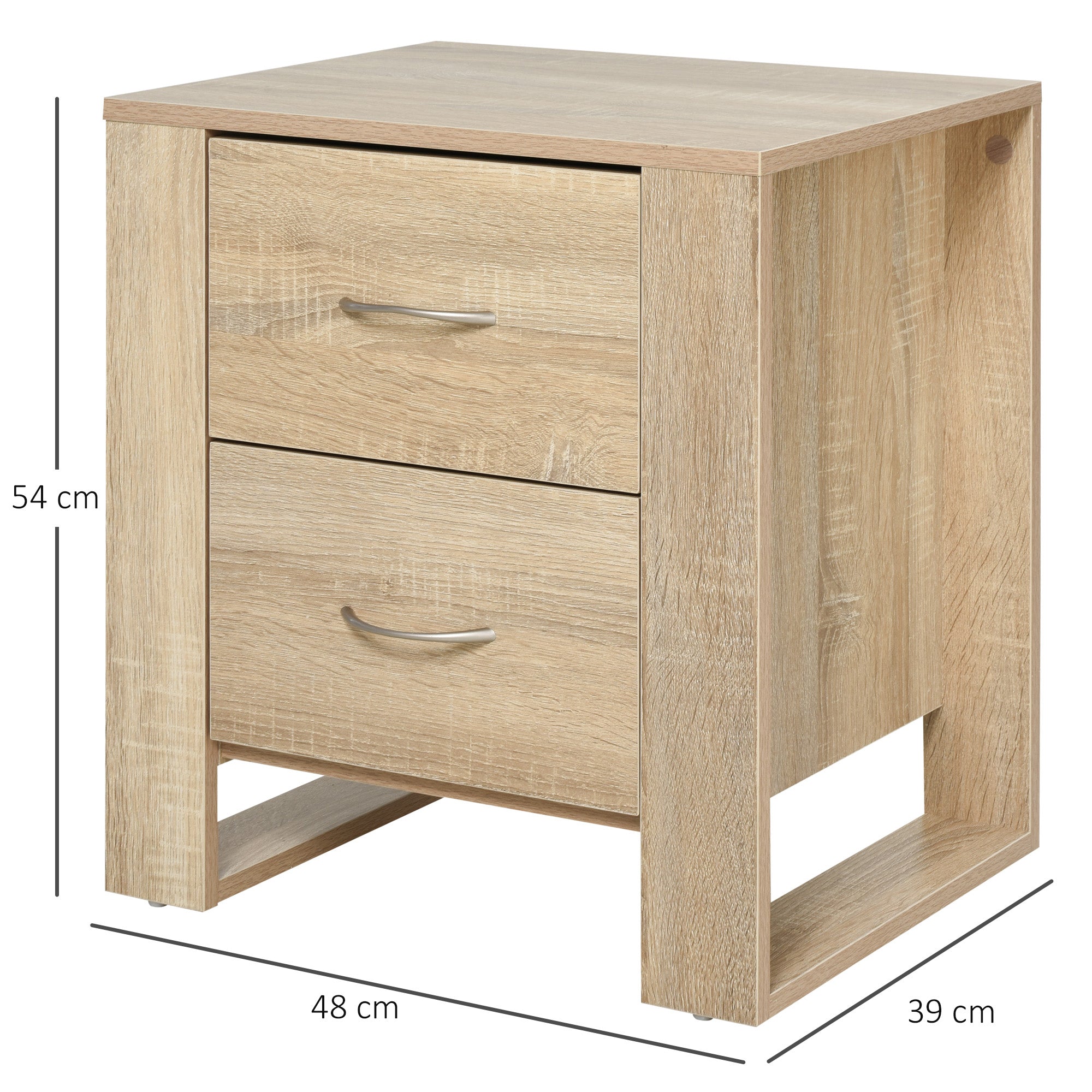 HOMCOM Bedside Table with 2 Drawers, Nightstand with Handles and Elevated Base, Side Table for Bedroom, Living Room, Brown 