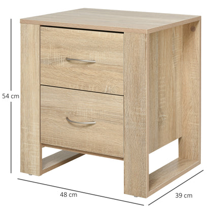 HOMCOM Bedside Table with 2 Drawers, Nightstand with Handles and Elevated Base, Side Table for Bedroom, Living Room, Brown 