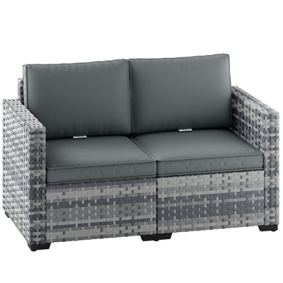 Outsunny 2 Seater Rattan Sofa, Outdoor Garden Sofa with Deep Seat, Cushions, Wide Armrests for Patio, Balcony, Porch, Mixed Grey 