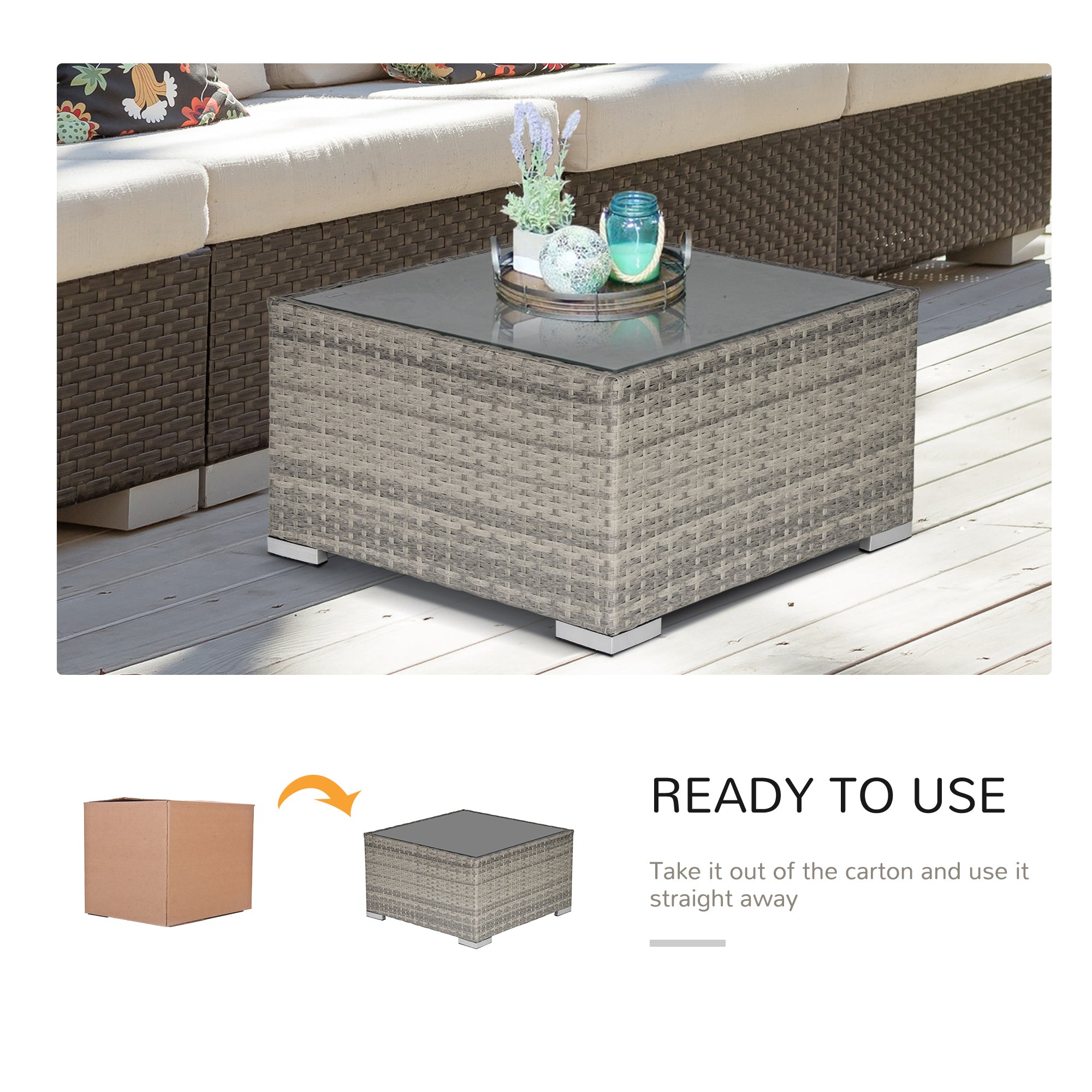 Outsunny Square PE Wicker Rattan Table, with Glass Top - Light Grey 