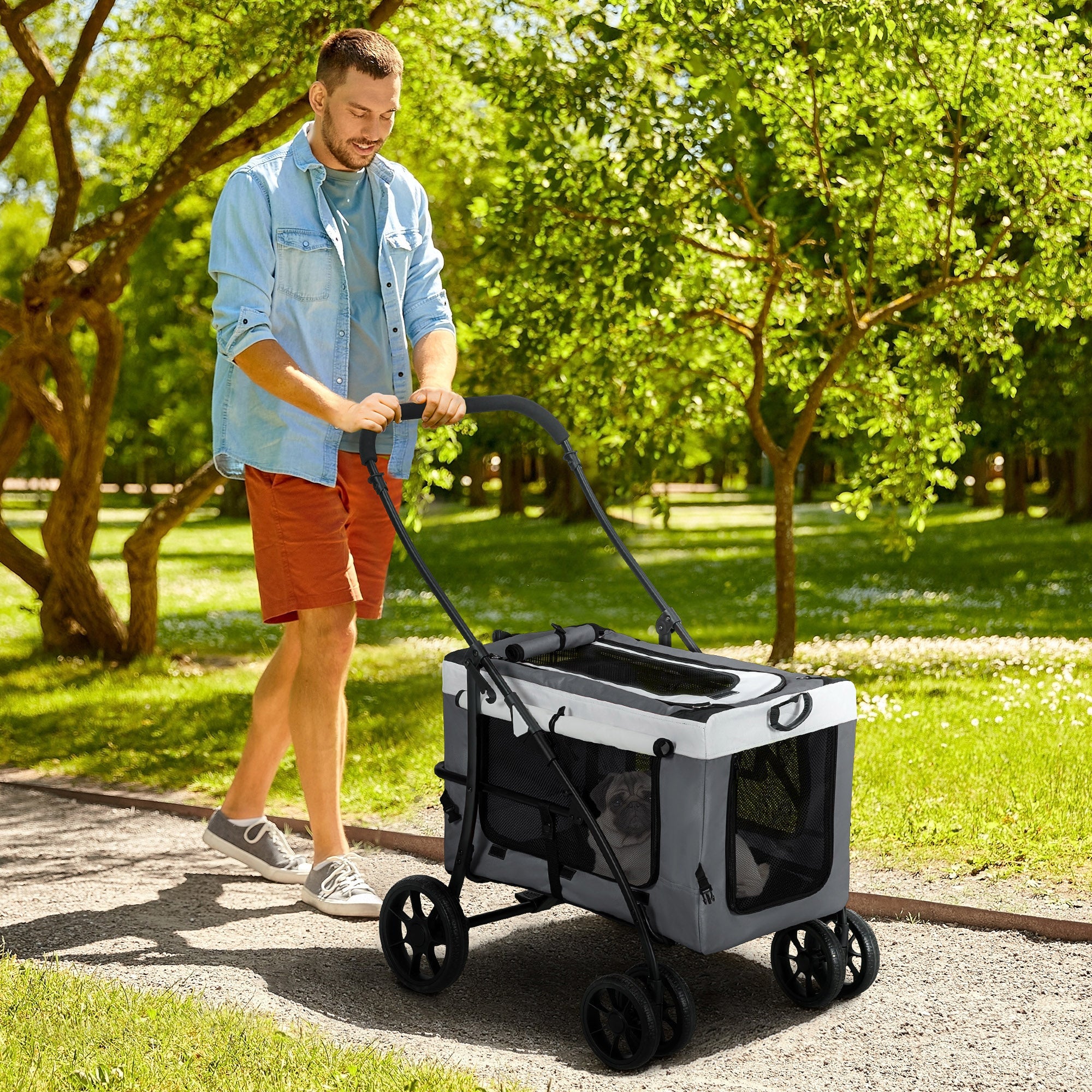PawHut Foldable Dog Stroller, Pet Travel Crate, with Detachable Carrier, Soft Padding, for Mini, Small Dogs - Grey 