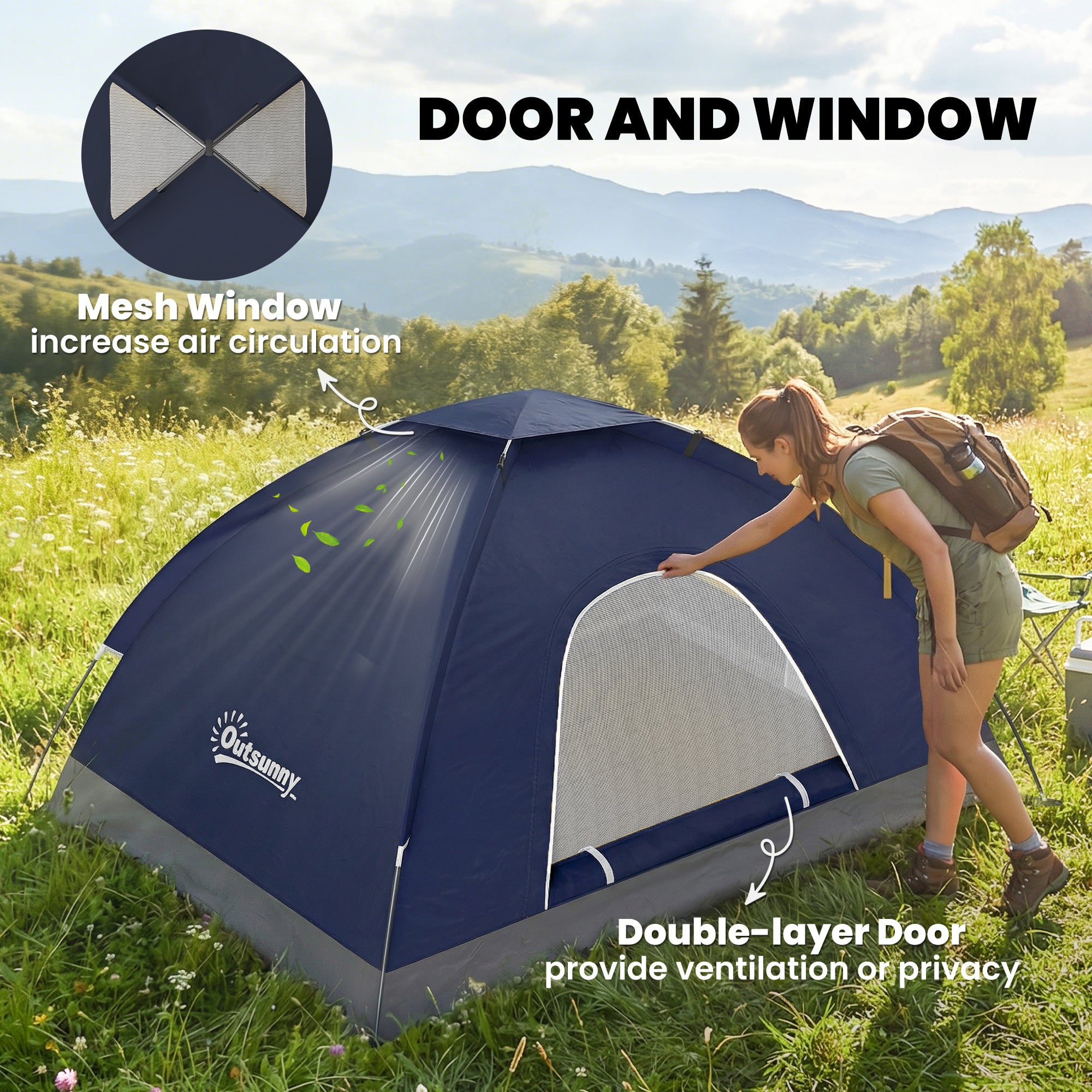 Outsunny 2 Person Camping Tent, Dome Tent with Zipped Doors, Storage Pocket, Portable Handy Bag, Navy Blue 