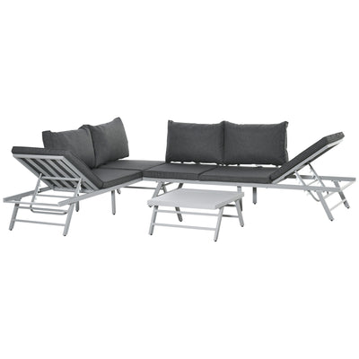 Outsunny 3 Pieces Garden Furniture Sets, 6 Seater Corner Sofa Set with Adjustable Backrest Chase Lounge with Slatted Metal Top Table, Padded Cushion, Grey 
