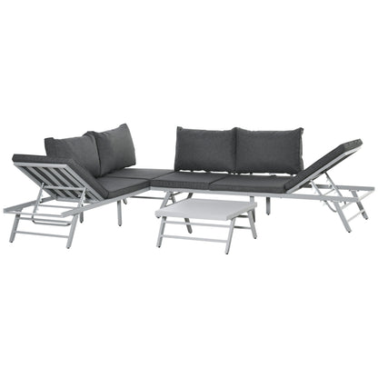 Outsunny 3 Pieces Garden Furniture Sets, 6 Seater Corner Sofa Set with Adjustable Backrest Chase Lounge with Slatted Metal Top Table, Padded Cushion, Grey 