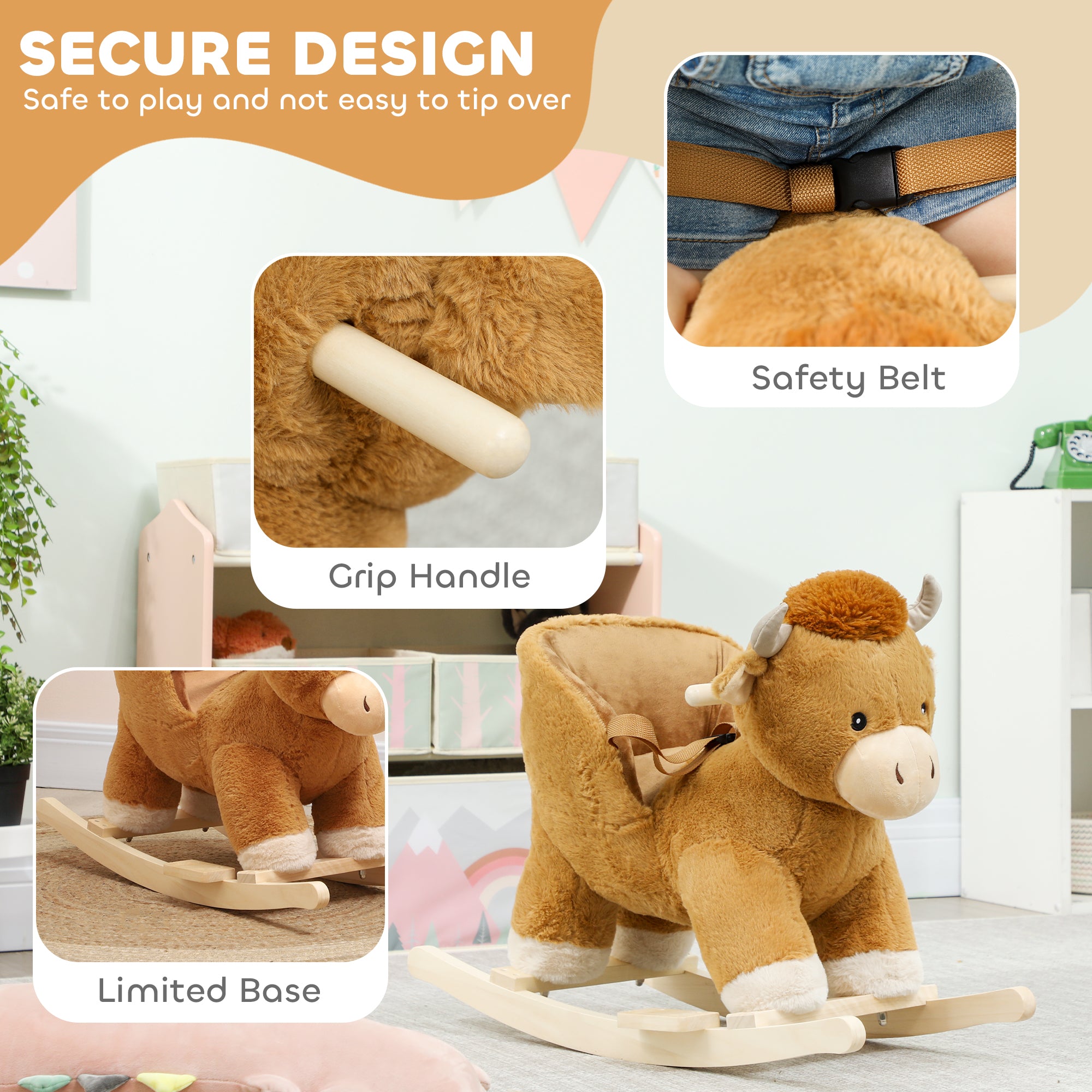 AIYAPLAY Baby Rocking Horse with Safety Belt, Wood Base, Animal Rocker for Children, Brown 