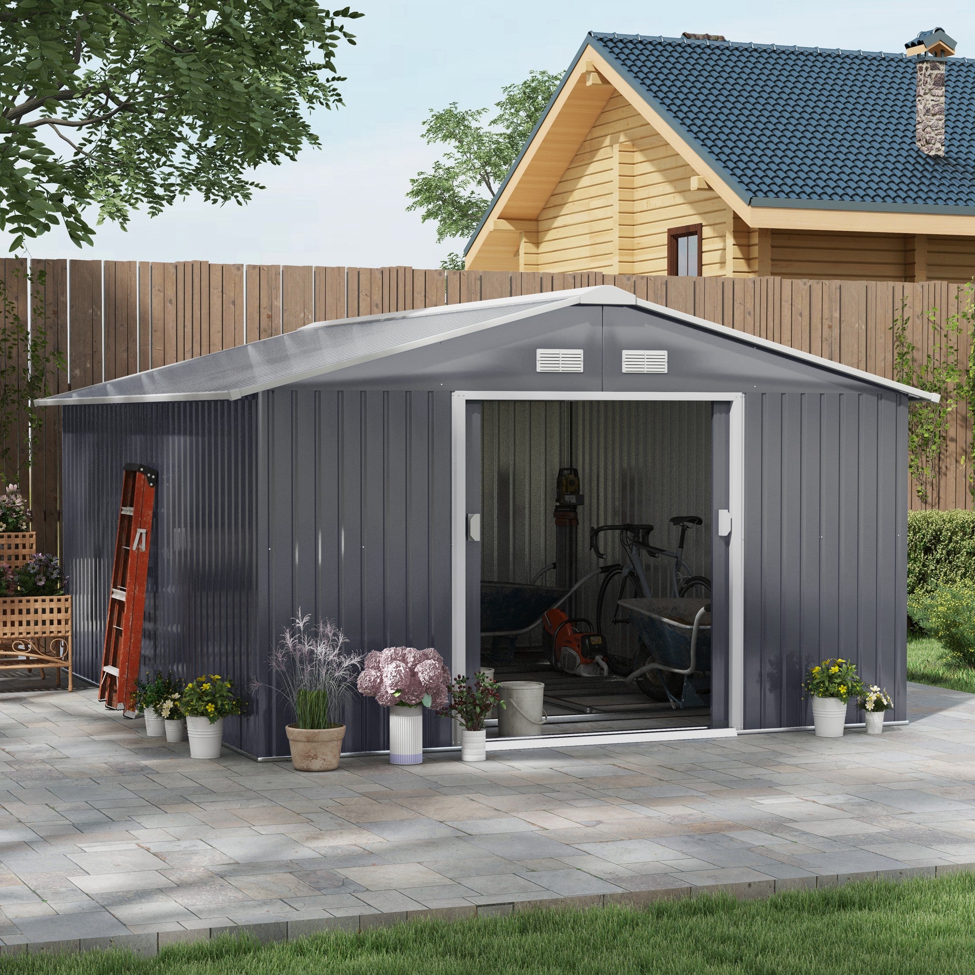 Outsunny 13 x 11ft Metal Garden Shed, Outdoor Storage Tool House with Ventilation Slots, Foundation Kit and Lockable Double Doors, Grey 