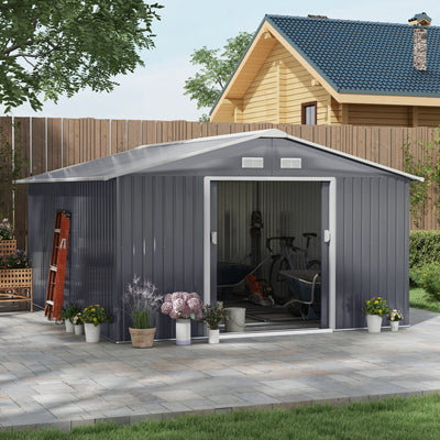 Outsunny 13 x 11ft Metal Garden Shed, Outdoor Storage Tool House with Ventilation Slots, Foundation Kit and Lockable Double Doors, Grey 