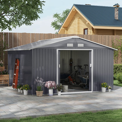 Outsunny 13 x 11ft Metal Garden Shed, Outdoor Storage Tool House with Ventilation Slots, Foundation Kit and Lockable Double Doors, Grey 