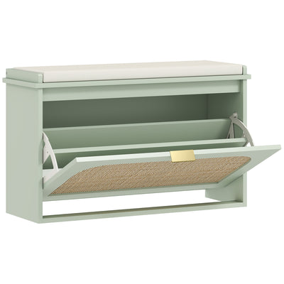 HOMCOM Boho Shoe Bench with Padded Seat and Flip-Drawer - Light Green 