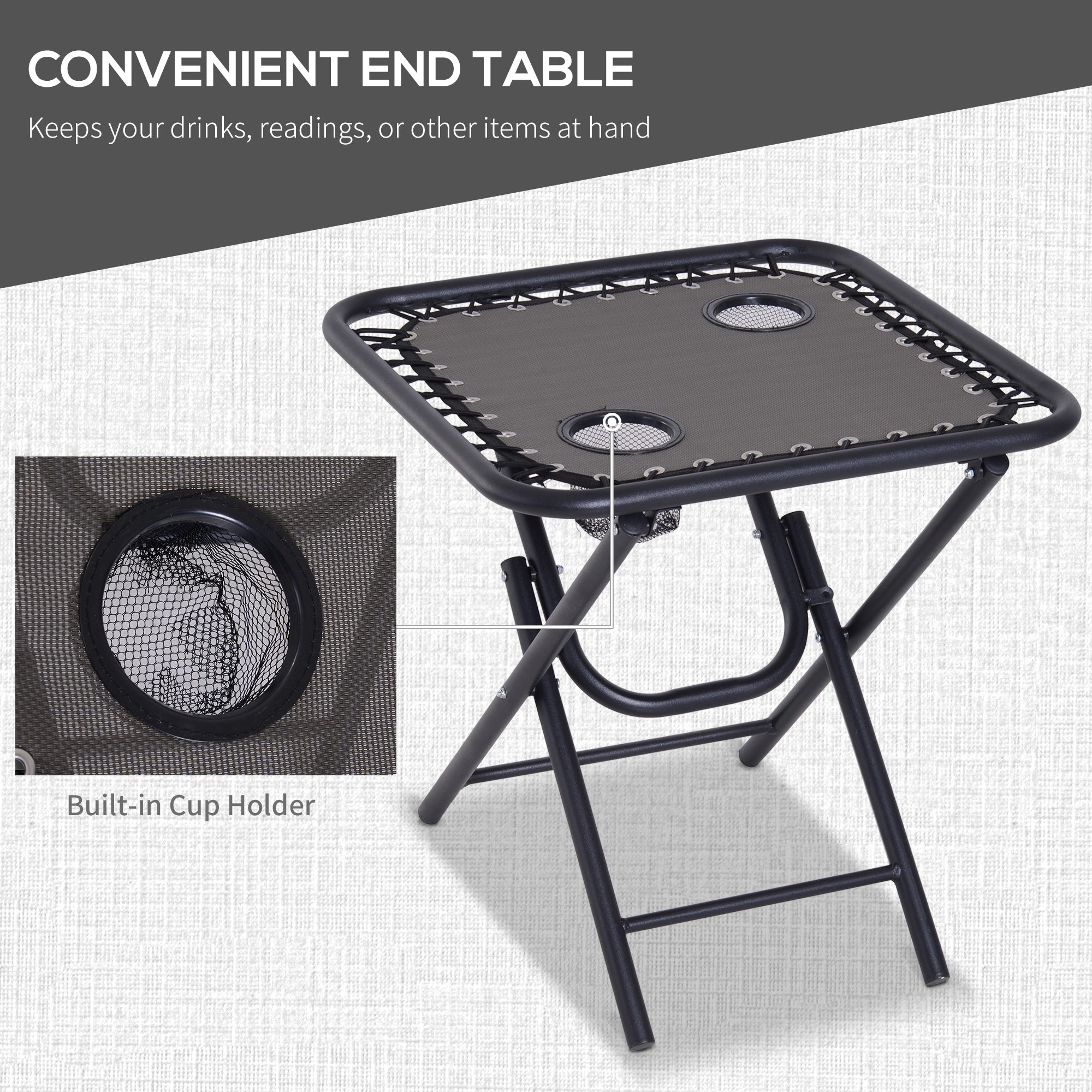 Outsunny 3pcs Folding Zero Gravity Chairs Sun Lounger Table Set w/ Cup Holders Reclining Garden Yard Pool, Dark Grey 