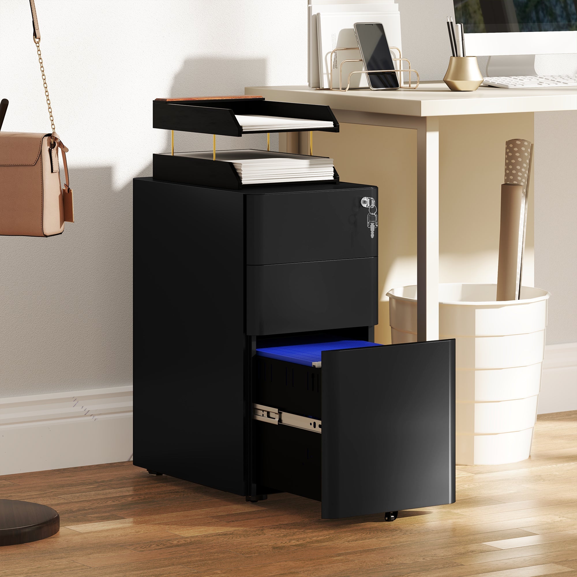 Vinsetto 3-Drawer Steel Filing Cabinet with Lock - Black 