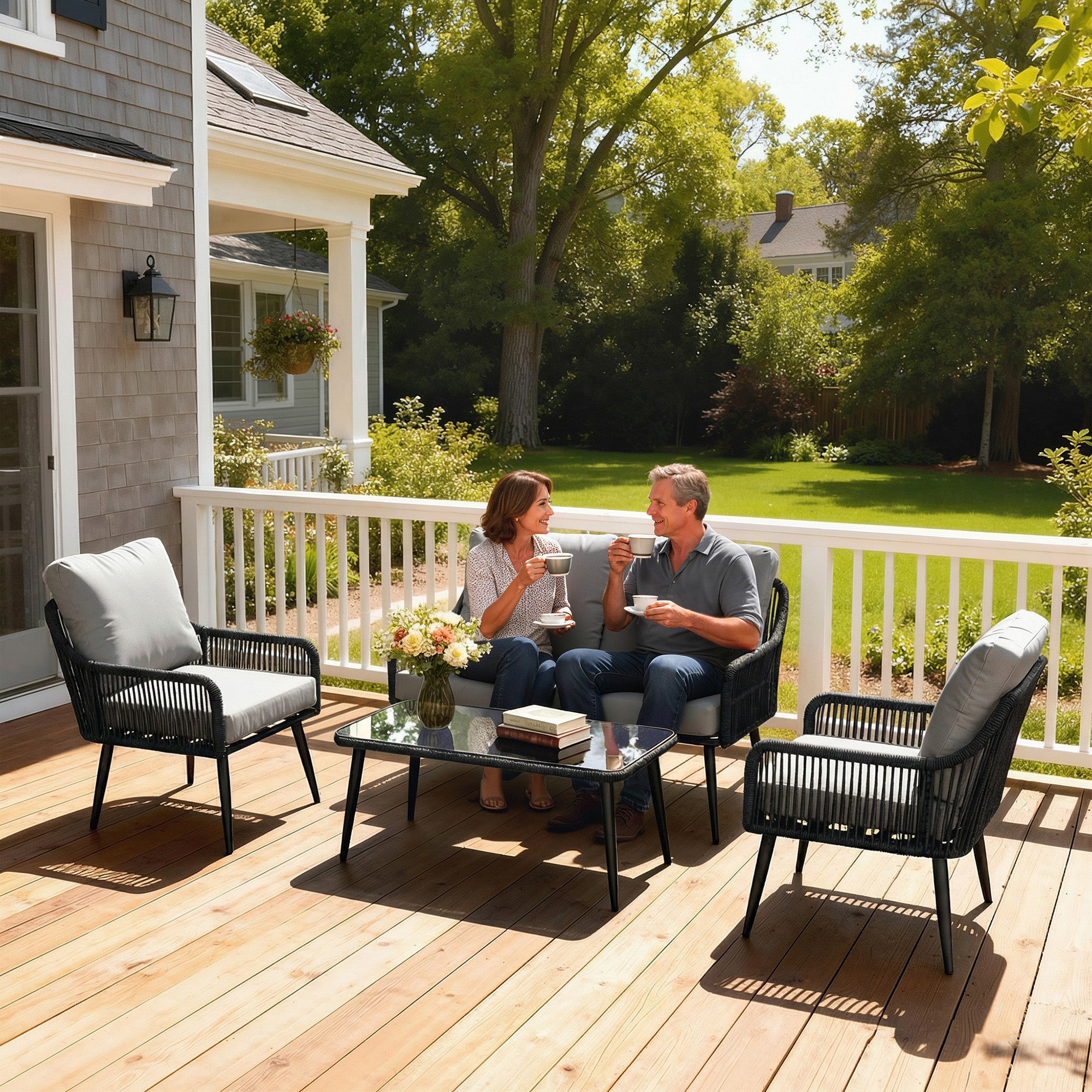 Outsunny Rattan Garden Furniture Set, 4 Piece Outdoor Patio Furniture with Tempered Glass Table and Chairs, Indoor Balcony Conservatory Set 