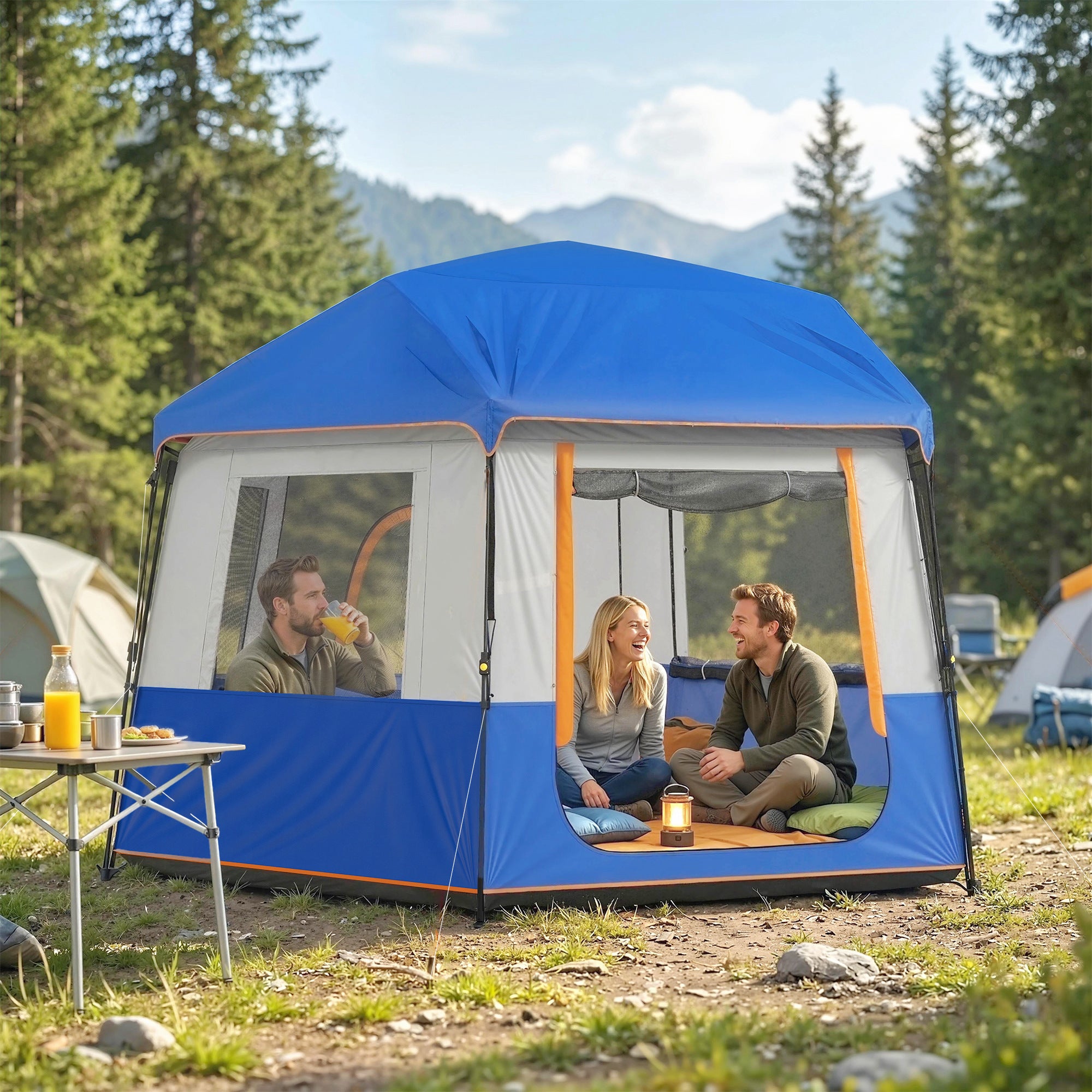 Outsunny Cabin Tent Easy Setup 3000mm Waterproof Camping Tent 4 Person with Carrying Bag Blue 
