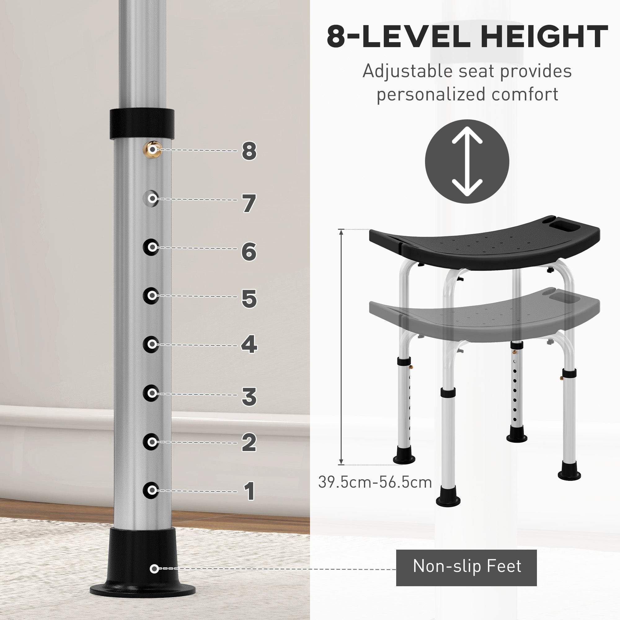 HOMCOM Height Adjustable Bath Stool, Aluminium Shower Stool with Non-Slip Pads for Elderly, Disabled, Seniors, Pregnant, Black 