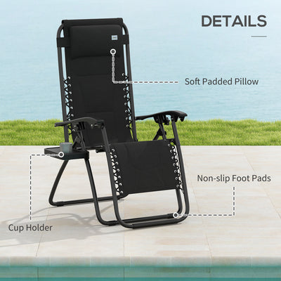 Outsunny Zero Gravity Lounger Chair Set of 2, Folding Reclining Patio Chair with Padded Seat, Cup Holder, Soft Cushion and Headrest for Poolside, Camping, Black 